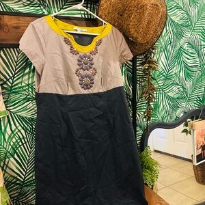 Boden Two-Tone Embellished Midi Dress in Beige, Black & Yellow